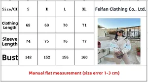 Size chart for women's loose patchwork jacket showing length, sleeve, and bust measurements