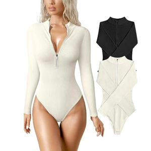 Detail of ribbed long sleeve bodysuit with front zipper closure and mockup in white