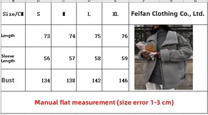 Detailed size chart for faux shearling jacket with length, sleeve, and bust measurements