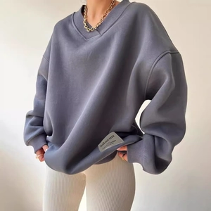 Grey-blue oversized V-neck sweatshirt with drop shoulders and ribbed cuffs for women
