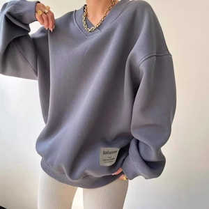 Deep grey oversized V-neck sweatshirt for women with long sleeves and ribbed trim details
