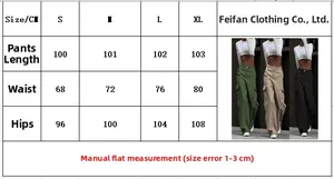Size chart for women high waist cargo pants showing waist hip and length measurements