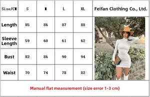 Detailed size chart for long sleeve high neck knit mini dress with bodycon fit measurements