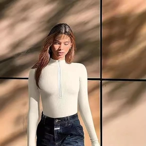 Slim fit cream white ribbed long sleeve bodysuit with a high-neck half-zipper for women