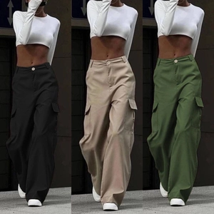 Women High Waist Cargo Pants Polyester Fiber Loose Fit Straight Leg Casual Trousers With Multi Flap Pockets Streetwear