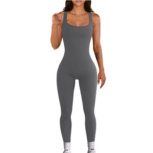 Detail of ribbed dark grey sleeveless bodysuit with square neckline and slim fit design