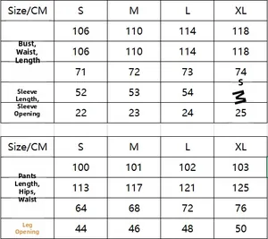 Detailed size chart in centimeters for long sleeve sweatshirt and pants leisure set