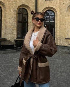 Chic brown faux leather shearling coat with beige fleece trim and waist tie belt