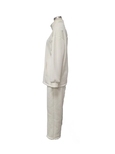 Detail of white fleece two-piece tracksuit with high neck zip jacket and ribbed cuffs