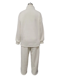 Back view of a beige lounge set featuring a thick sweatshirt and matching trousers