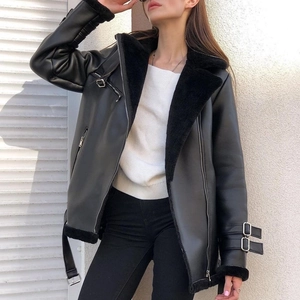 Veste de Motard en Peau de Mouton Synthétique pour Femme Revers Fermeture Éclair Suédine Cuir PU Vêtement d'Extérieur Épais Chaud Manteau d'Hiver pour Femme Casual Streetwear