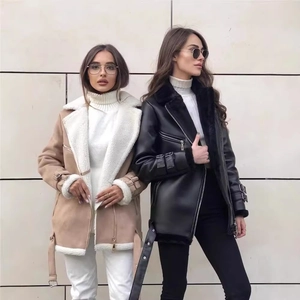 Veste motard automne-hiver pour femme en daim avec col en polaire sherpa et fermeture éclair