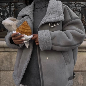 Women Fashion Faux Shearling Moto Jacket Oversized Fleece Lined Suede Aviator Coat Winter Warm Patchwork Zipper Outwear