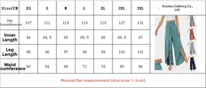 Detailed size guide for high waist side split wide leg yoga pants from XS to 3XL