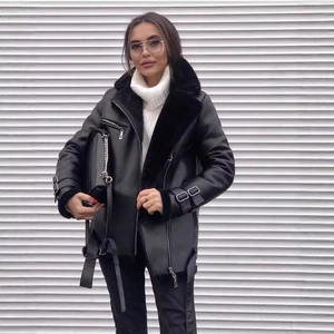 Veste aviateur noire en similicuir pour femme avec revers en peluche et fermetures éclair