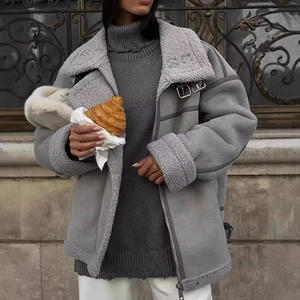 Grey oversized shearling aviator jacket for women in street style with faux suede finish