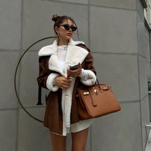 Veste Femme Longueur Moyenne Peau de Mouton Synthétique Style Maillard Manteau Similicuir Ample Double Boutonnage Chaud Hiver