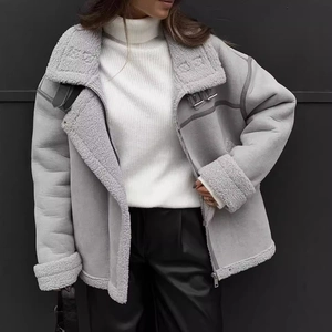 Gray faux shearling biker jacket with oversized collar and metallic buckle details