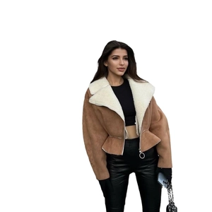 Women's cropped faux shearling suede jacket with lapel collar and zip-up front