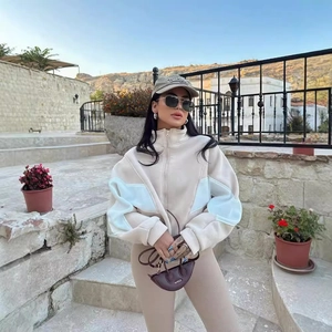 Women's Loose Casual Patchwork Stand Collar Zipper Jacket Streetwear Long Sleeve Color Block Sweatshirt Coat