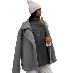 Women's grey oversized shearling motorcycle jacket with plush faux fur trim for winter