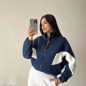 Women's casual loose color block zip-up jacket with stand collar and long sleeves
