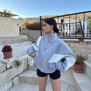 Women's casual color-block quarter-zip sweatshirt in grey and white with high collar