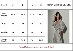 Size chart for silver sequin V-neck dress showing length and waist measurements in CM