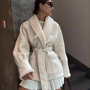 Chic beige faux shearling coat for women featuring a large lapel and waist tie belt