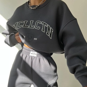Women Casual Fleece Top And Bottom Crewneck Letter Print Sweatshirt And Joggers Sporty Warm Autumn Winter Tracksuit