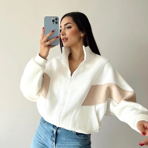 Women's loose casual long sleeve pullover with color-block stand collar and zipper