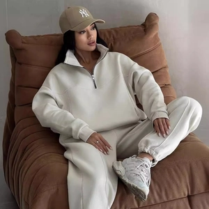 Women Casual Polyester Patchwork Thickened Sweatshirt And Pants Top And Bottom Solid Color Zip Up Stand Collar Tracksuit