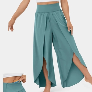 Women High Waist Split Wide Leg Yoga Pants Flowy Layered Wrap Casual Loose Activewear Dance Trousers Breathable Sporty Pants