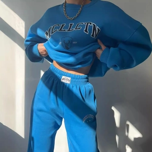 Klein blue thick fleece tracksuit set with MCLLCTN print for women's casual street style