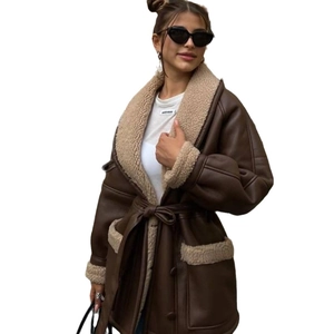 Women's brown faux leather shearling jacket with beige faux fur collar and belted waist