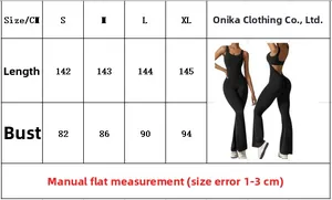 Size chart for black sleeveless flare jumpsuit with length and bust measurements