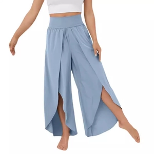 Women's high waist wrap wide leg trousers in light blue with side slits for yoga