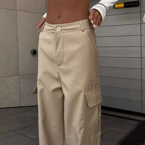 Women high waist cargo pants in khaki with large side pockets and straight leg fit