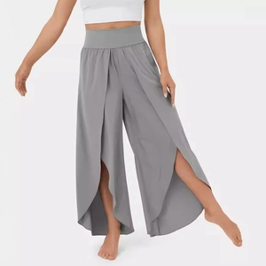 High-waist light grey split leg yoga pants with a minimalist wide waistband