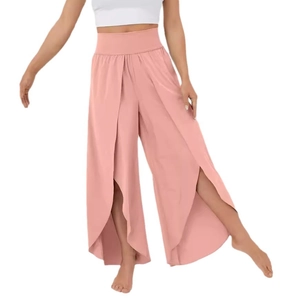 Women's high waist yoga wide leg pants with overlap side slits in elegant dusty pink