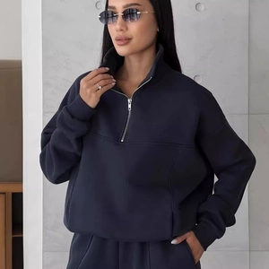 Women's casual navy blue two-piece tracksuit set with half-zip sweatshirt and sweatpants