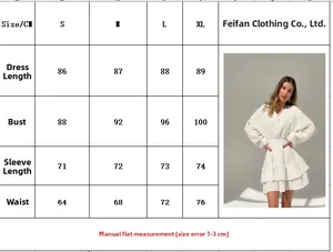 Size chart showing S-XL measurements for this V-neck long sleeve white A-line dress