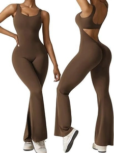 Detailed back view of deep brown flare yoga jumpsuit with cut-out and scrunch butt lifting