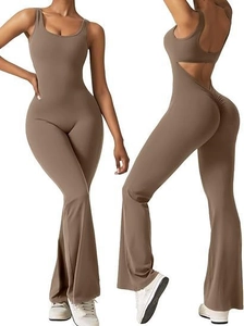 Detail view of brown flare yoga jumpsuit featuring open back and U-neck silhouette