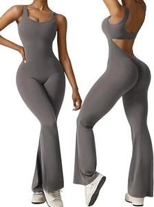 Detail of cross-back cutout and flared leg design on high-elastic yoga jumpsuit