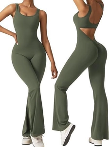 Macro view of army green yoga jumpsuit with open back cutout and ruched butt lift detail