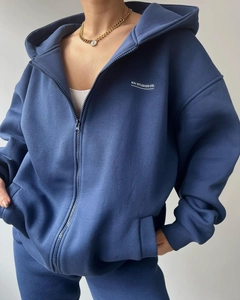 Women's dark blue oversized hooded tracksuit set featuring MAI STUDIOS CO. white print