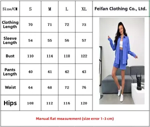 Detailed size guide table for women's long sleeve shirt and casual shorts set