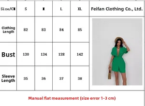 Detailed size guide for green short sleeve romper with length and bust measurements
