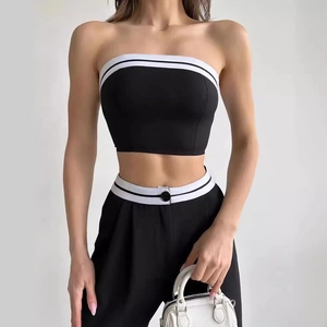 Women's chic black two-piece sports set with cropped tube top and high waist wide leg pants
